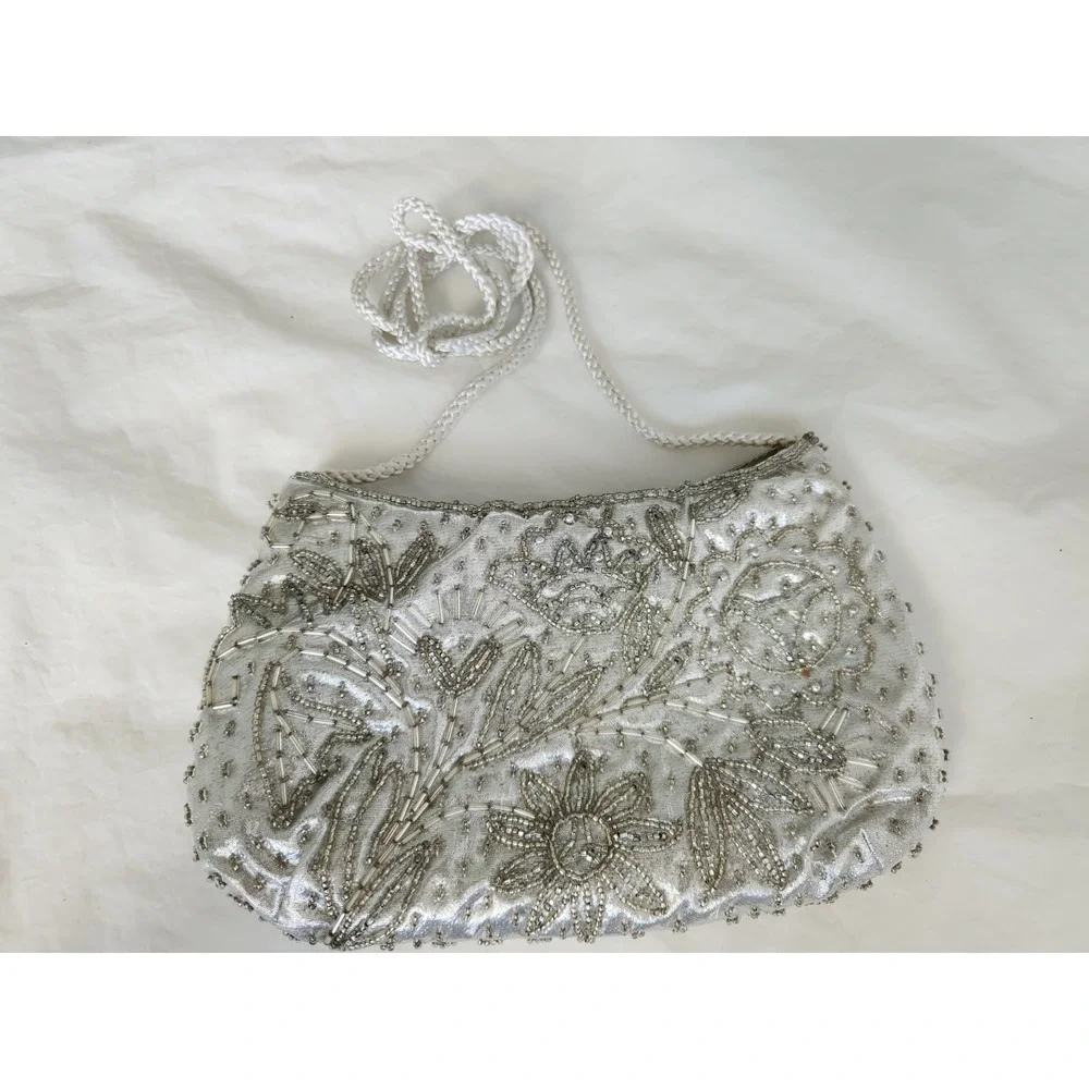 Vintage Valerie Stevens Silver Hand-Beaded Evening Bag‎ Braided Strap 8